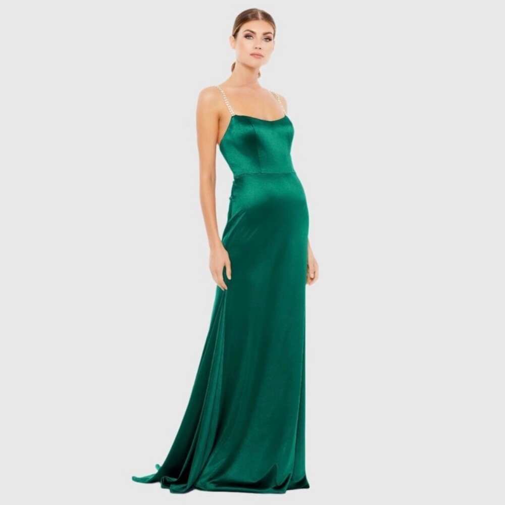 Mac Duggal IEENA 12428 Green Satin Rhinestone Strap Trumpet Gown – Size 4